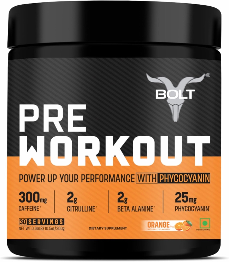 Bolt Pre Workout Supplement with Caffeine, Citrulline Malate, B-Alanine, Taurine | Explosive Energy, Pump & Focus |300g,30 Zerbitzu | Tangy Orange