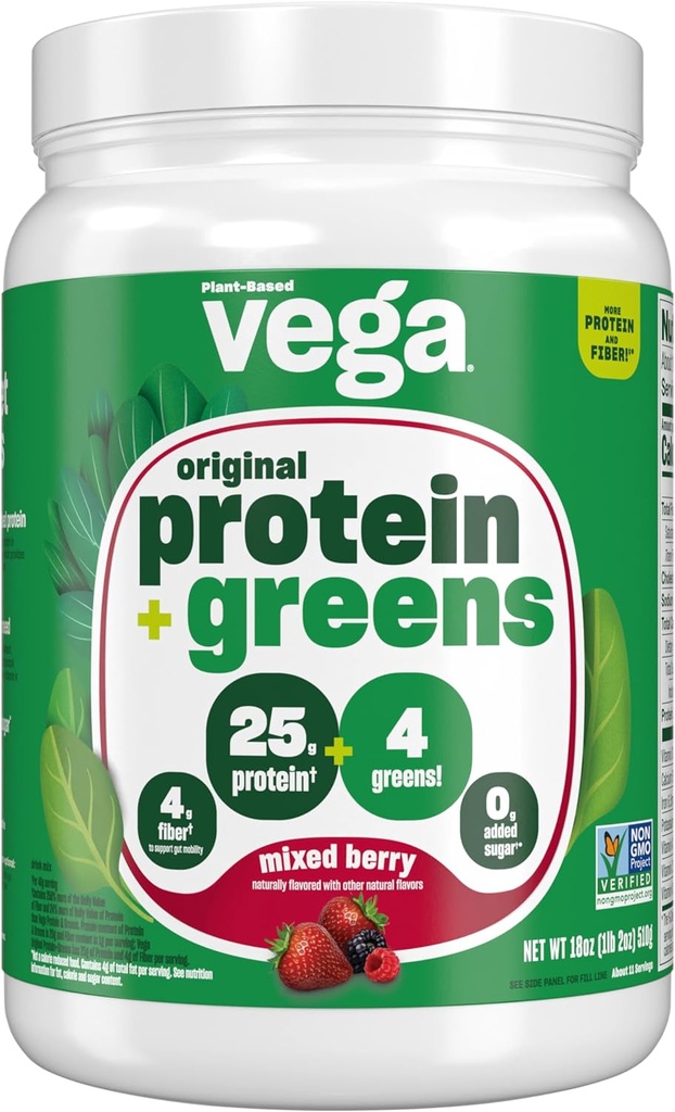 Vega Protein dan Hijau Powder Campuran Berry (11 Pelayan) 25g Tanaman berbasis Protein Plus Vegan, Vegan, Non-GMO, Pea Protein untuk Perempuan dan Pria, 1.2lbs