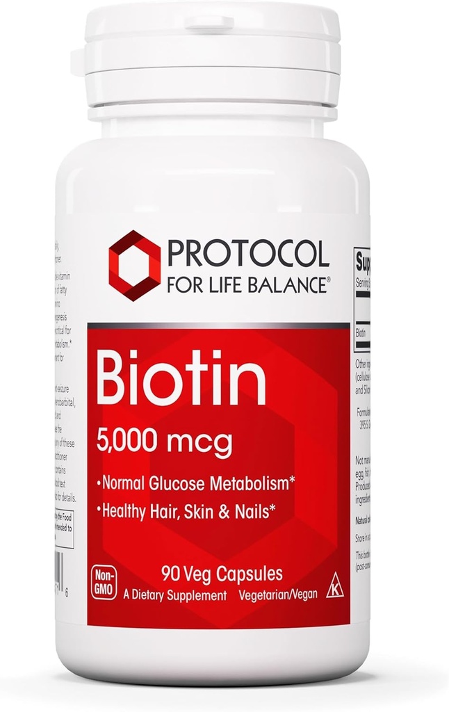 PROTOCOL FOR LIFE BALANCE Biotin 5,000mcg - Vitamina B7 Suplemento - Cabelo, pel, Nails soporte - para o metabolismo carb e crecemento celular - Capsules Biotina Vitamina B - 90 Veg Capsules