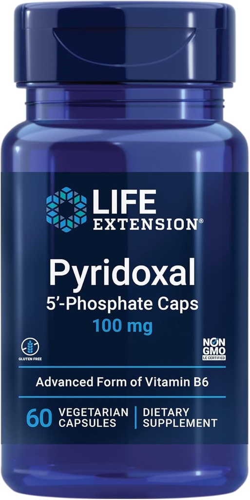 Life Extension Pyridoxal 5 '-Fosfat Czapki - Witamina B6, 100 mg, Bioactive B6 dla układu sercowo-naczyniowego, Nerki i Nerve Zdrowie - Gluten- Free, Non-GMO, Wegetarianin - 60 Kapsułki wegetariańskie