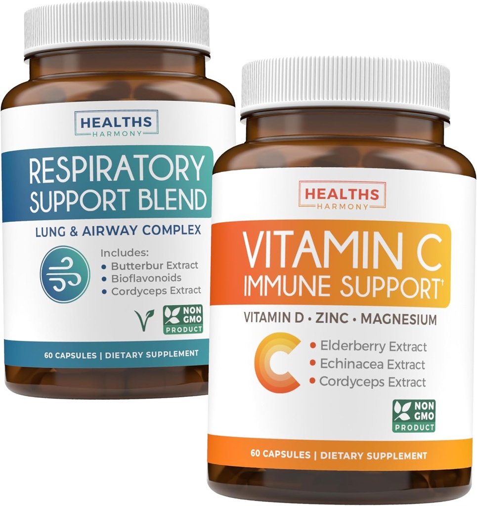 Respiração e Vitamina C (1-fornecimento de mês) Respiração Fácil Bundle - Suporte respiratório Limpo Pulmão Profundo para a Saúde das Vias Aéreas (60 Caps) e Suplemento de Suporte Imune Vitamina C - Immunity Boost Blend (60 Caps)