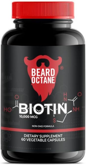 Beard Octane Biotin - Beard Hair Growth with Biotin 10,000mcg - 60-Day Supply - Healthy, Strong, Faster, Thick Beard Growth Vitamin Supplement - Made in The USA
