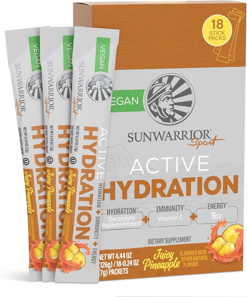 Sunwarrior Hydration Pulver Elektrolyt-Packets Pulver B12 Elderberry | Juicy Ananas Gefickt 18 Stick Packs 126g Pouch | Vegan und pflanzlichen Zucker Kostenlos