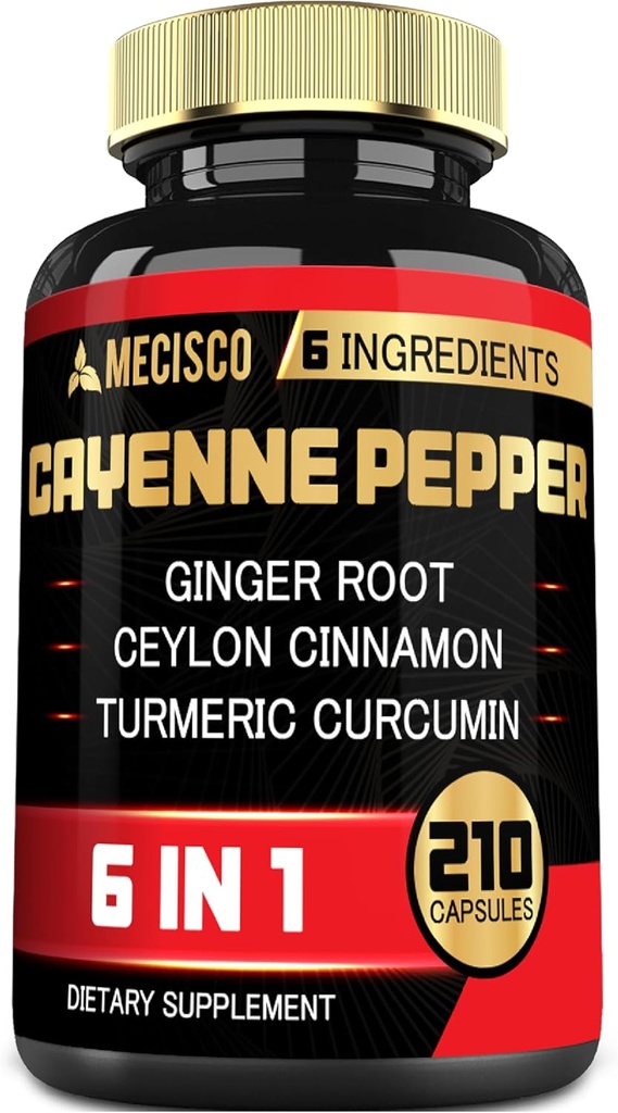 6in1 Cayenne Pepper Extract Capsules with Organic Turmeric Curcumin Root, Black Pepper, and More - Support Digestion System, Heart Health, Inmunity Function - 210 Capsules