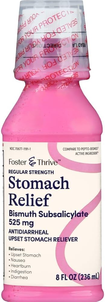 Foster & Thrive Stomach Relief Liquid for Nausea, Heartburn, Indigestion, Upset Stomach e Diarrea - Fast Relief for 5 symptoms, Antidiarrheal, Bismuth Subsalicilato 525 mg, Original, 8 Oz