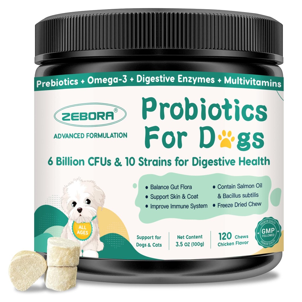 ZEBORA Probiotics for Dogs & Cats, Dog Probiotics for Digestive Health, 6 Billion CFUs Digestive Enzymes with Prebiotics, Omegas & Vitamins for Gut & Itchy - 120 Chews