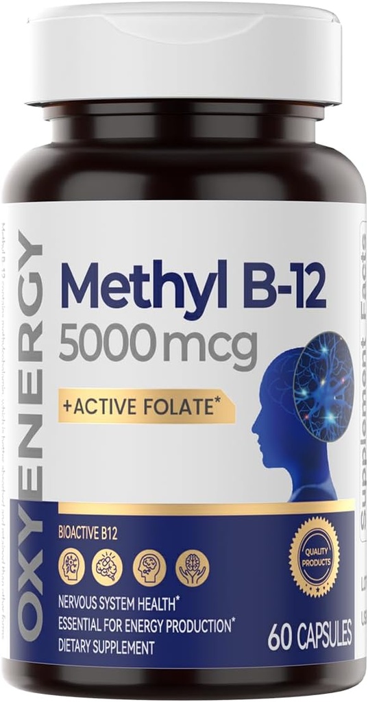 OxyEnergy Metlhytamina B12 5000mcg, Extra força Metlbalamin B-12 suplementaris amb Fotelatelate, suport a Nerves, energia Metabolisme i Cognitive, 60 marcs