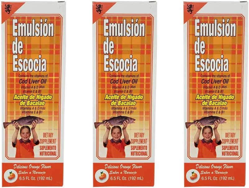 Emulsjon de Escocia. Cod leverolje kosttilskudd. Rik på vitaminer A, D, E og B1. Orange Flavored. 6,5 Fl.Oz / 192 ml. Pakke med 3