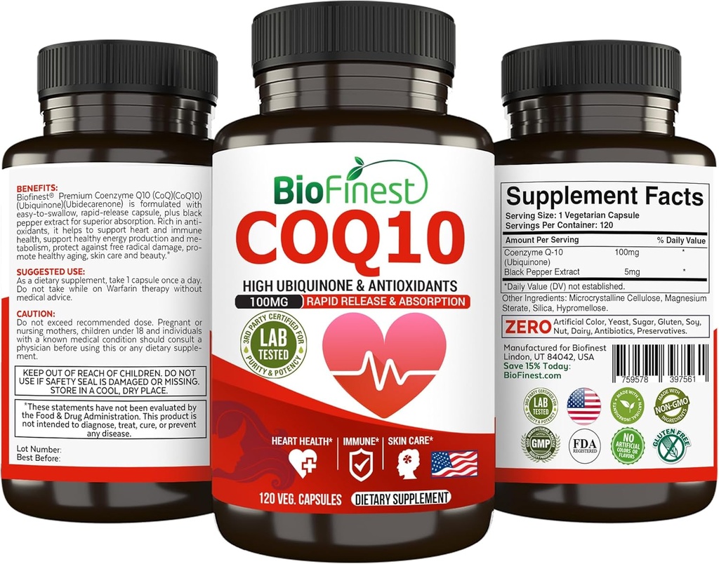 BioFinest CoQ10 Coenzym Q10 100mg Supplement - Schnelle Freisetzung Schnelle Absorption - Immune Heart Energy Antioxidant (120caps)
