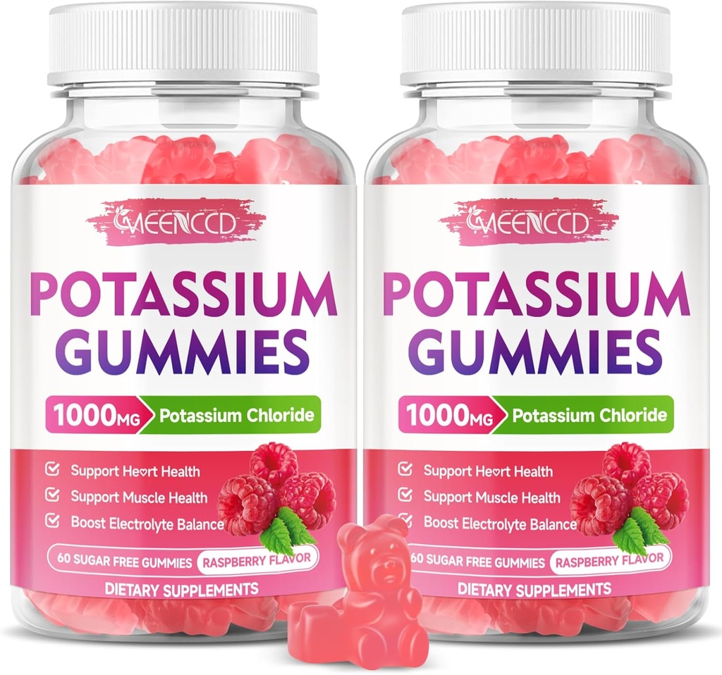 2 Pack Potasium Gummies, Potasium Chloride 10000mg untuk Dewasa, Sugar- Free Potasium Gummies Dukungan Keseimbangan Electrolite & Kaki Kuram Perempuan & Pria, Raspberry Flavor, 120 Cacah