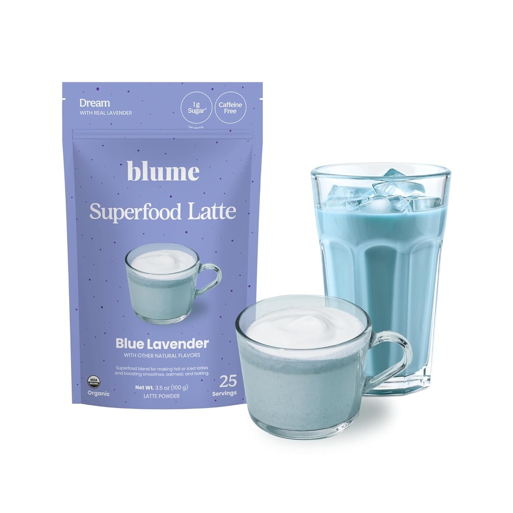 Blume Superfoods Latte - Blue Lavender Powder with Blue Spirulina and Coconut Milk, Caffeine Free, Low-Sugar, Organic, Keto Friendly, Vegan, supports sleep and calmness, Lavender Latte- 25 Servings