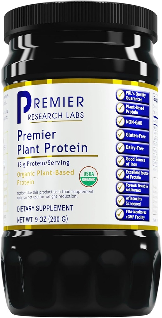 Premier Research Labs Plant Protein - Vegan Plant Based Pea Protein Powder, Organic, Dairy Free, Gluten Free, No Artificial Flavors, Vegetarian, Contains Pumpkin and Rice Protein - 9 Oz