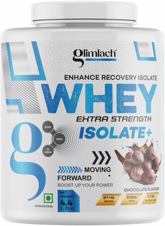 GLIMLACH Whey extra de força Isolate + pó de proteína para suporte muscular e recuperação, vegetariana - fonte primária de soro isolato (4.4LBS, Chocolate)