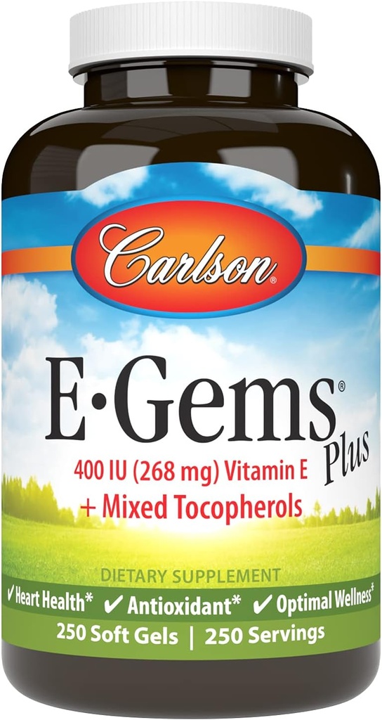 Carlson - E-Gems Plus, naturlig vitamin E 400 IE, stöder ett hälsosamt hjärta, 250 mjuka gels
