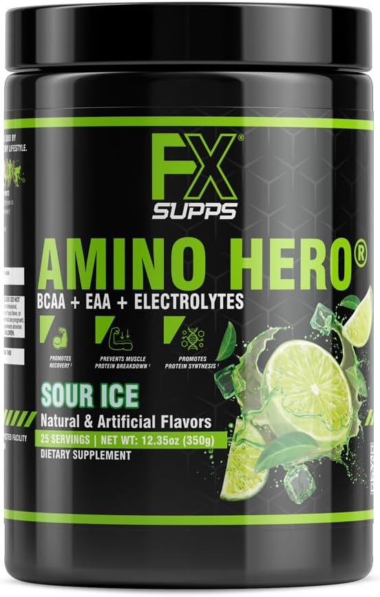 FXSUPPS Amino Hero Sour Ice Flavor (25 porcións) | Post-Workout Recovery Drink para homes e mulleres | Energy Powder Mix con BCAA, EAA, e Electrolytes | promove a resistencia e músculos saudables - 1 Pack