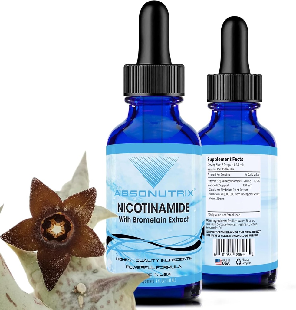 Absonutrix Nicotinamide con Bromelain Extraer avanzado de Fórmula 390 mg, 4 Oz Liquid, 302 Servidos, Made in USA, Absorción rápida, Ingredientes de calidade, Non-GMO, Instrumento certificado GMP
