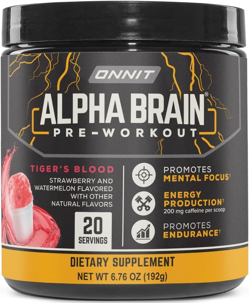 ONNIT Alpha Brain Pre-Workout Powder, Ingentm non-GMO testattu, Tiger's Blood Flavor, Pre-Workout täydentää naisille ja miehille, ravintolisä, 20 tarjoilua per Tub, 6.76 oz
