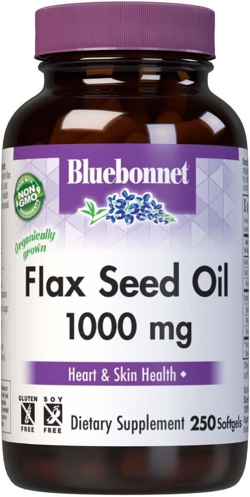 BlueBonnet Flax种子油 1000 mg - Omega 3 6 9 肥酸 心脏健康和皮肤支持 女性和男性 - 冷前置,有机Flaxseed油囊 - 非GMO,无胶,无豆 - 250 软胶
