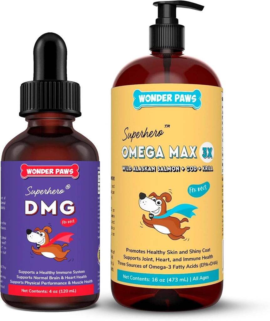 WONDER PAWS Premium DMG Liquid Plus Omega Max Fish Oil - para o suporte imunológico do cão, pele, alergias, cuidados conjuntos e saúde geral - DMG 4 Onces - Omega Max 16 Ounces