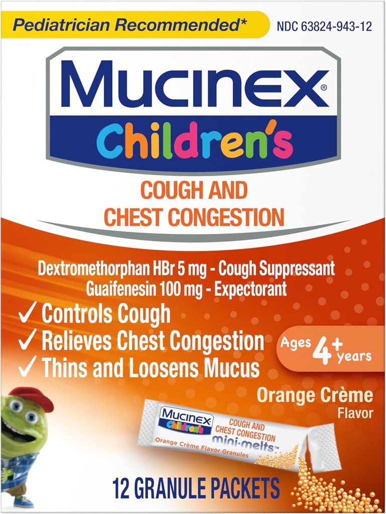 Mucinex Detská kongescia hrudníka Expectorant a Kašeľ Potláčač Mini-Melty, Orange Cream, 12 Počet (Backaging May Vary)