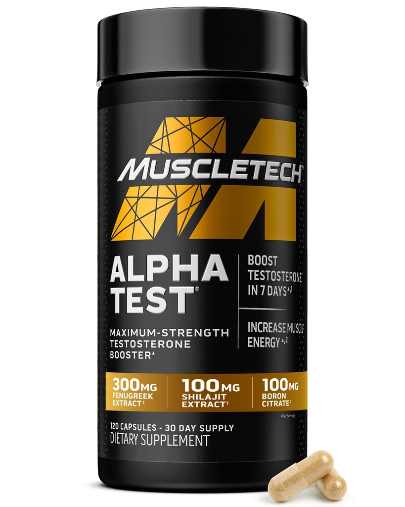 MuscleTech Testosterone Booster for Men, AlphaTest - T-Boost Mens Supplement with Tribulus Terrestris & Boron - Daily Male Gym Workout Supplements for Muscle Growth, Stamina & Energy - 120 Pills