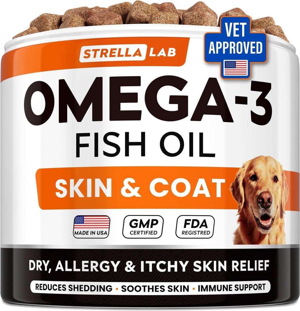 StrellaLab Omega 3 for Dogs - (180Ct) Fish Oil Treats - Allergy & Itch Relief Skin & Coat Supplement - Dry Itchy Skin, Anti Shedding & Hot Spots Treatment - Pet Salmon Oil Chews - Chicken Flavor