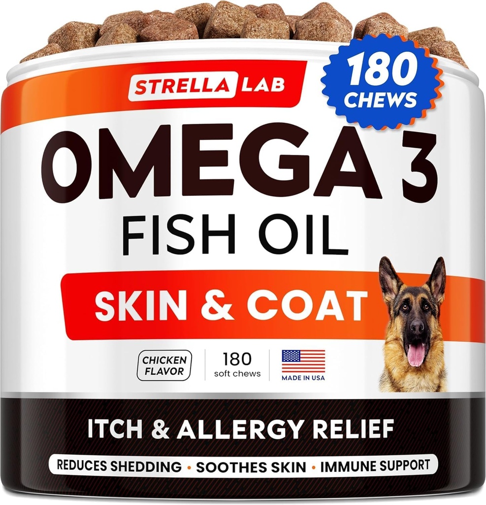 StrellaLab Omega 3 pour chiens - (180Ct) Soin à l'huile de poisson - Allergie & Démangeaison Skin & Coat Supplement - Démangeaisons sèches Peau, Anti Shedding & Hot Spots Traitement - Huile de saumon d'animaux de compagnie Chews - Arôme de poulet
