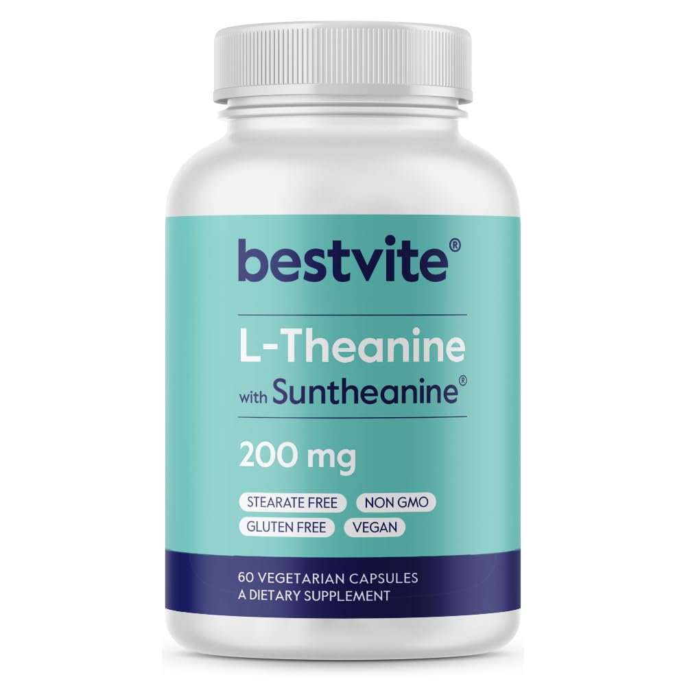 BESTVITE Double Strength Suntheanine L-Theanine 200mg – Patented & Clinically Studied – 60 Vegetarian Capsules – Vegan – No Stearates – Non GMO – Gluten Free – Relaxation Support