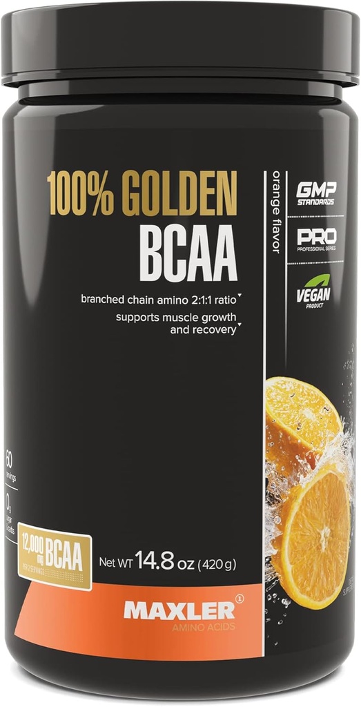 Maxler 100% Golden BCAA Pó - Intra & pós de recuperação de exercícios bebida para recuperação muscular acelerada e crescimento muscular magro - 6 g Vegan BCAAs Aminoácidos - 60 Servings - Laranja