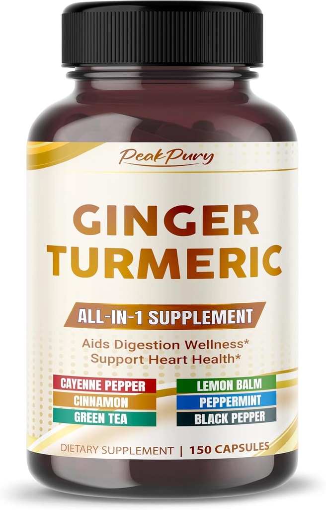 Ultra Ginger & Turmeric Aids Digestion & Supports Heart Health – Include Cayenne Pepper, Lemon Balm, Cinnamon, Peppermint, Green Tea - Made in the USA- 150 Capsule
