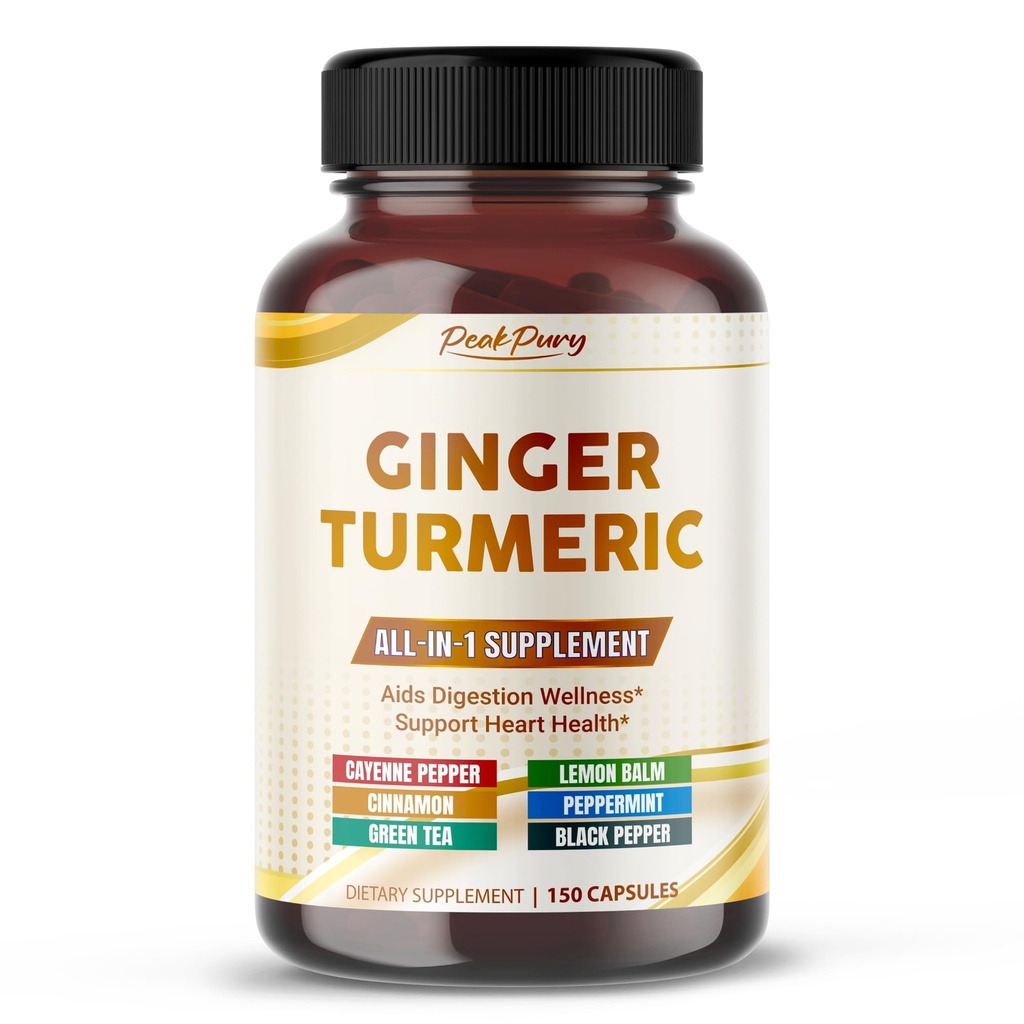 Ultra Ginger & Turmeric Aids Digestion & Supports Heart Health – Includes Cayenne Pepper, Lemon Balm, Cinnamon, Peppermint, Green Tea - 150 Capsules