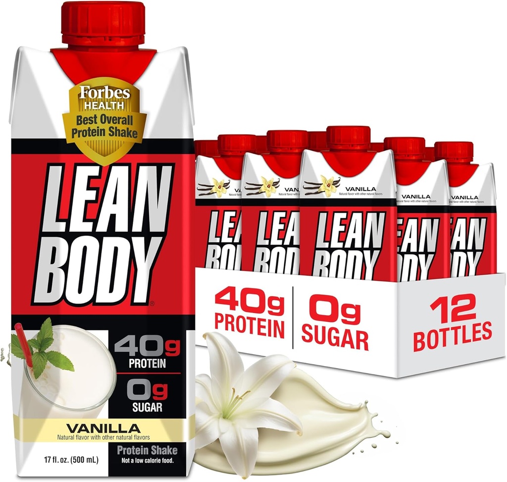Lean Body Ready- to- Drink Vanilla Protein Shake, 40g Protein, Serwatka Mieszanka, 0 Cukier, Gluten Free, 22 Witaminy i Minerały, 17 Fl Oz (Opakowanie 12) LABRADA