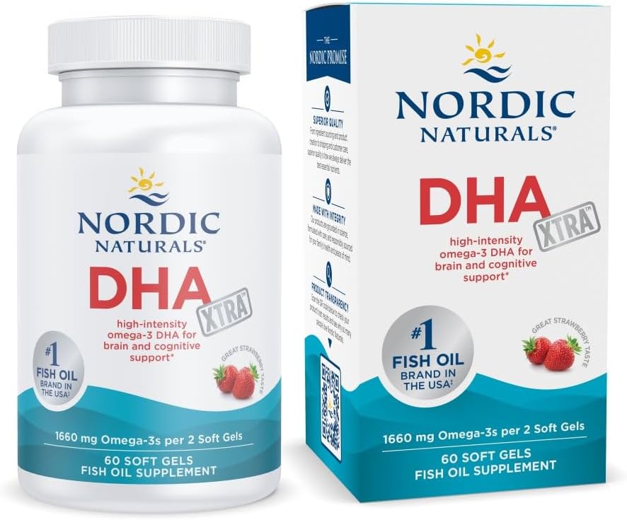 Nordic Naturals DHA Xtra, Strawberry - 60 소프트 젤 - 1660 mg Omega-3 - 뇌 및 신경 시스템 지원을위한 고강도 DHA 공식 - Non-GMO - 30 서빙