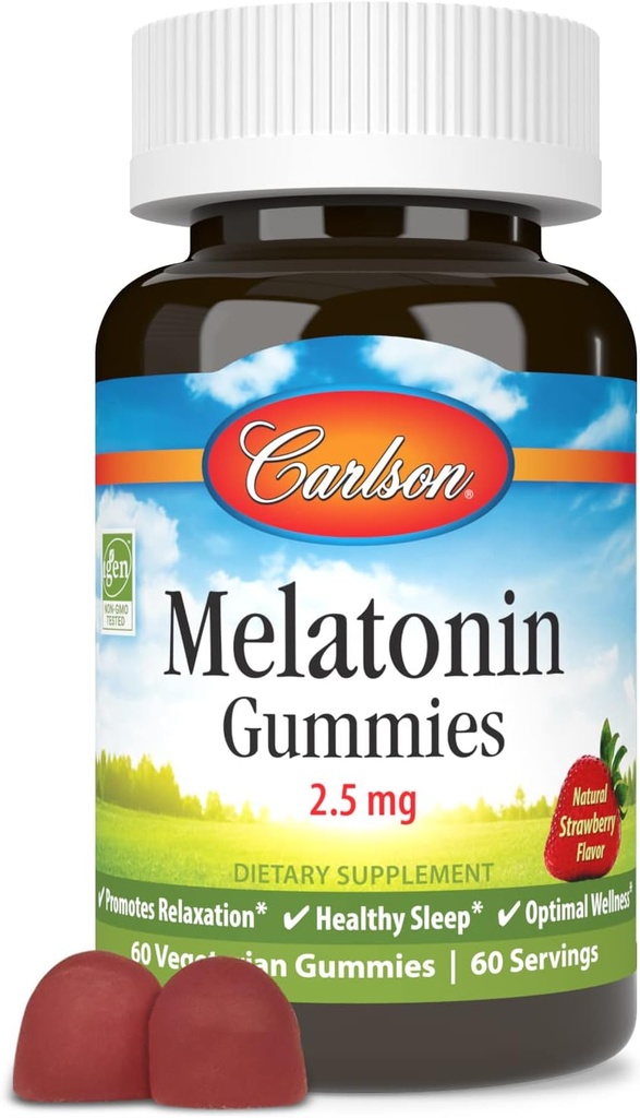 Carlson - Melatonin Gumies, 2,5 mg, zdravo spanje, spodbuja sprostitev, naravne jagodne arome, 60 Gummies