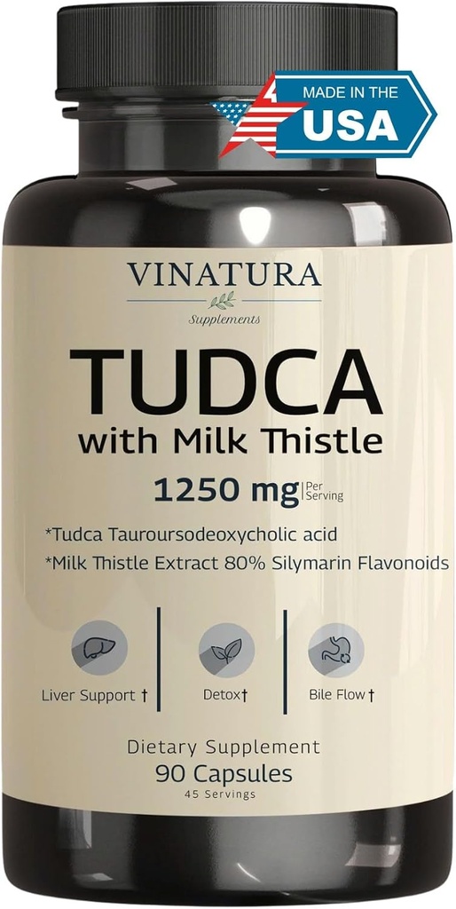 VINATURA TUDCA Milk Thitle 1250mg - Tudca Supplement, Tudca bile soli, Pečeň podpora, Žlčník doplnky *USA Made and Tested* Bile Salts Supplement - 90 Kapsule