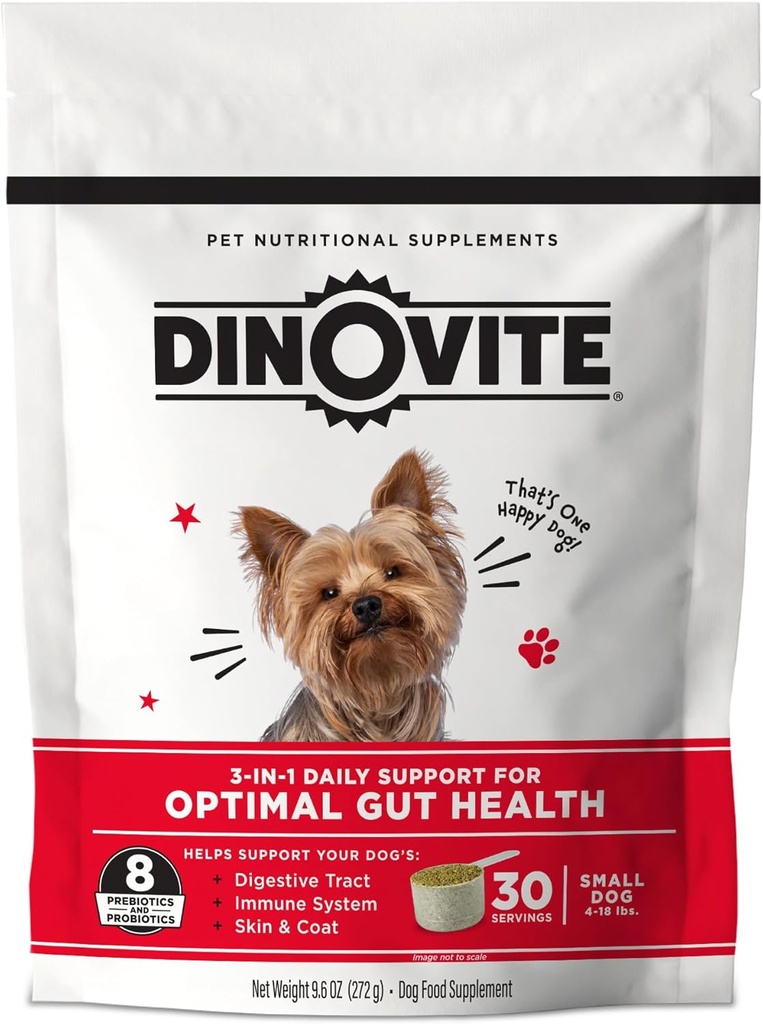 Dinovite 3 in 1 Probiotica voor kleine honden, huid en jas, digestieve gezondheid & Joint Relief, hondenvoeding toppers, Immune Support, Allergie Relief & Itch Relief Skin Care, 30 porties (1-18lb)