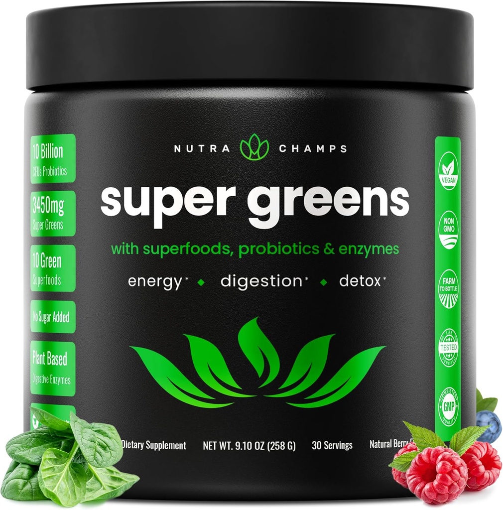 NutraChamps Super Greens אבקת Premium Superfood | 20+ אורגני ירוק Veggie Whole Foods | חיטה Grass, Spirulina, Chlorella | Antioxidant, Digestive Enme & Probiotics (9.0 Oz, ברי)
