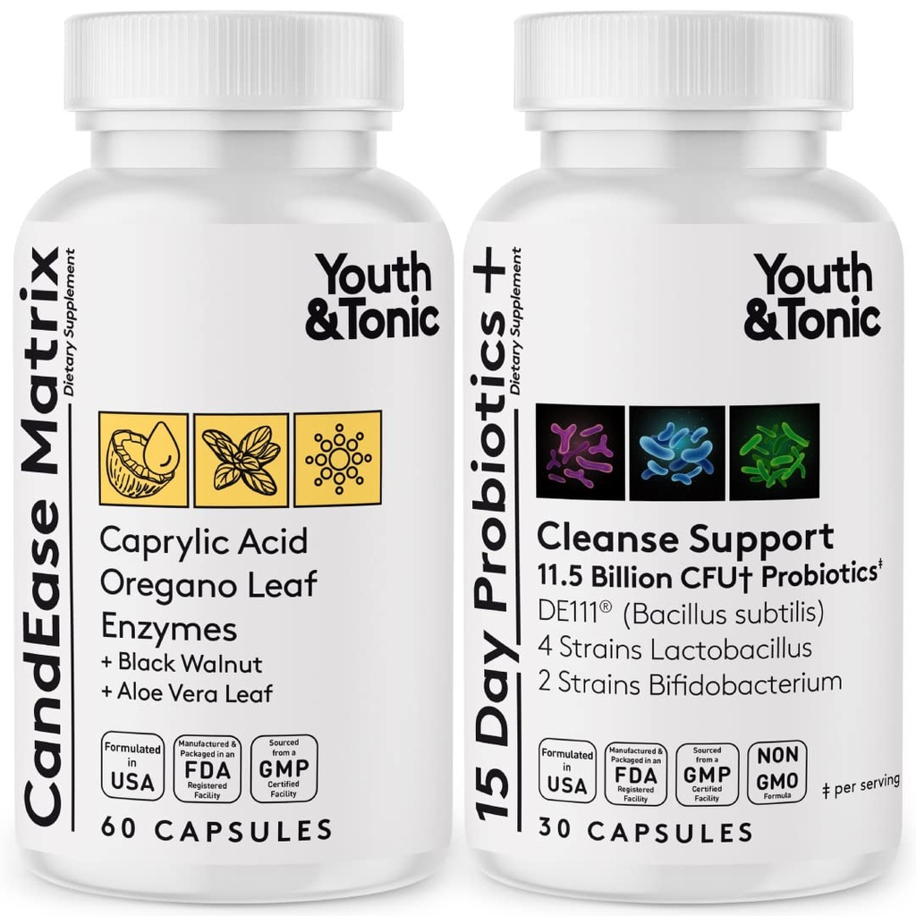 Youth & Tonic Oregano & Caprylic Acid Gut Health Supplement with Probiotics & Herbs for Gut Flora Balance, Digestive & Intestinal Health and Immune Support – 90 Capsules
