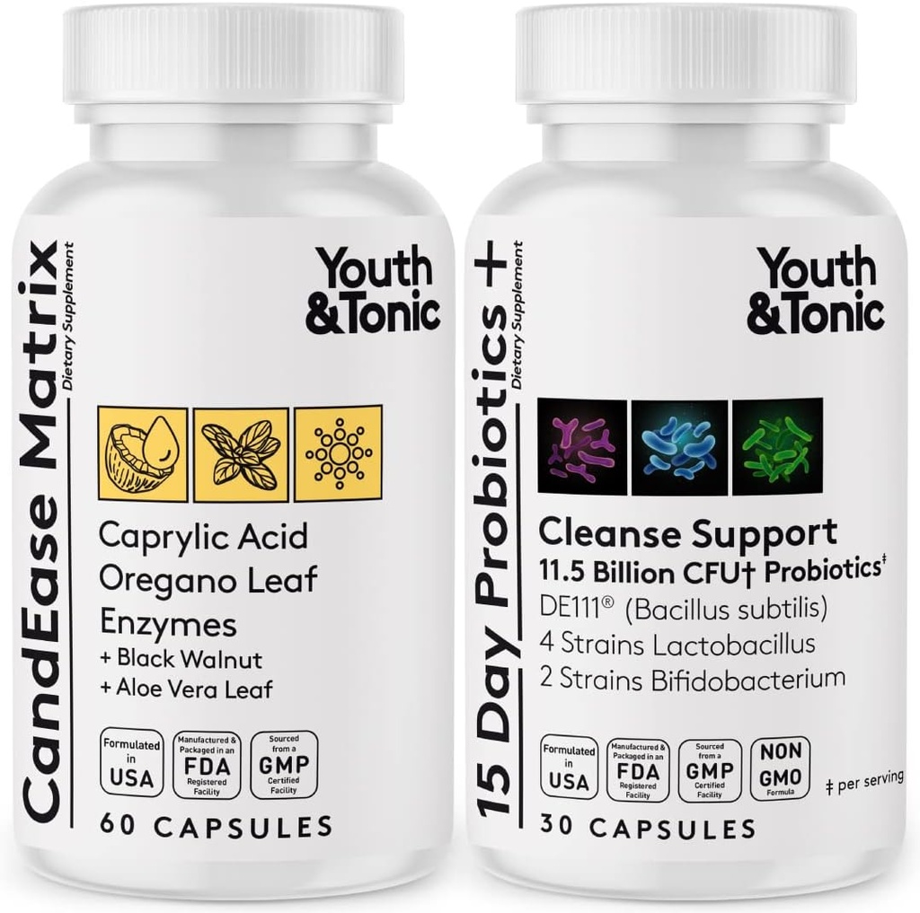 Youth & Tonic Oregano & Caprylic Acid Gut Health Supplement with Probiotics & Herbs for Gut Flora Balance, Digestive & Intestinal Health and Immune Support – 90 Capsules