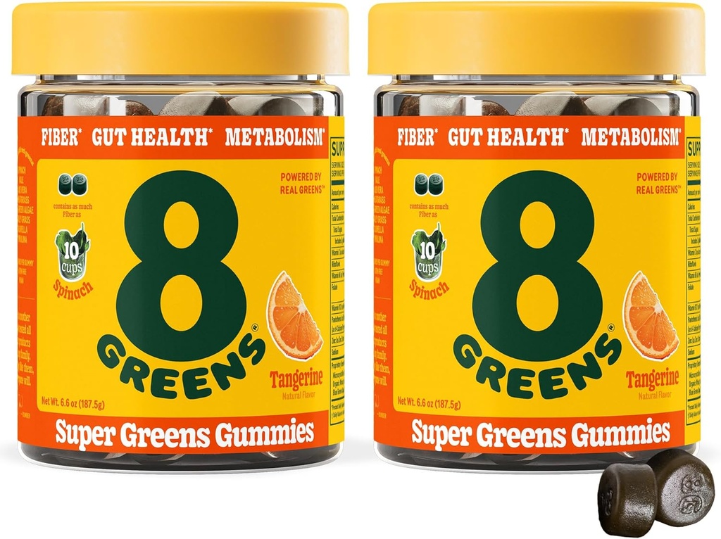 8Greens Daily Fiber Super Greens Gummies - Tangerine Flavor: Boost Immune System & Digestive Health with 8 Real Greens - Non-GMO Formula, Chewables, 50 Vegan Gummies, Confezione da 2