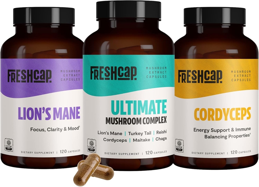 FreshCap Funghi Popolari Funghi Bundle, Capsule (Lions Mane, Cordyceps, Ultimate Mushroom Complex) Capsule