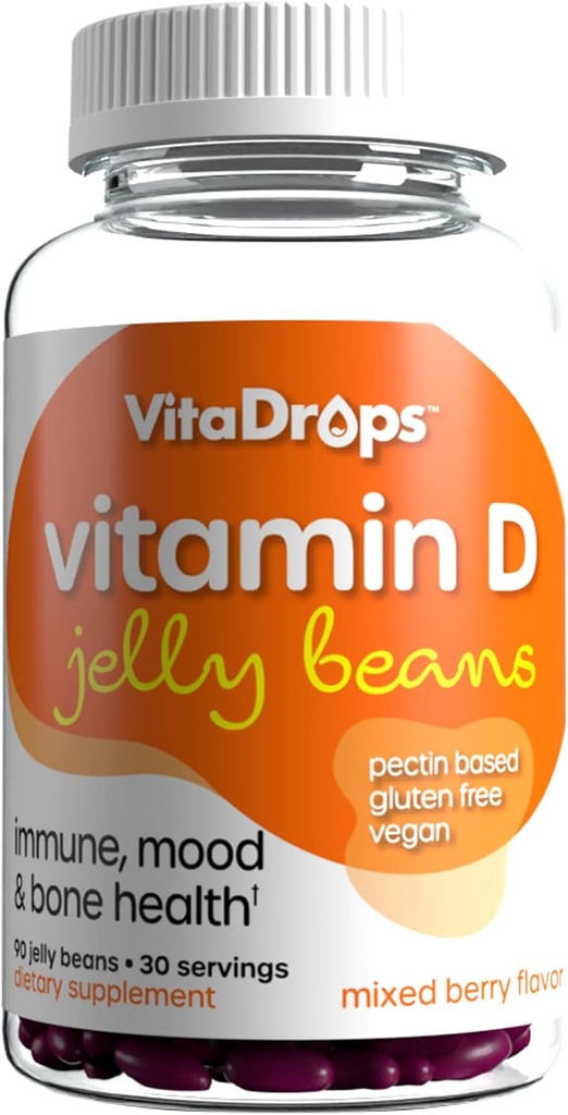 D-vitamin Jelly Beans, understøtter immunforsvar, fremmer ben sundhed, Pectin baseret, Vegan & Gluten Gratis, Blandede Berry Flavor, 90 Jelly Beans, 30 Servering