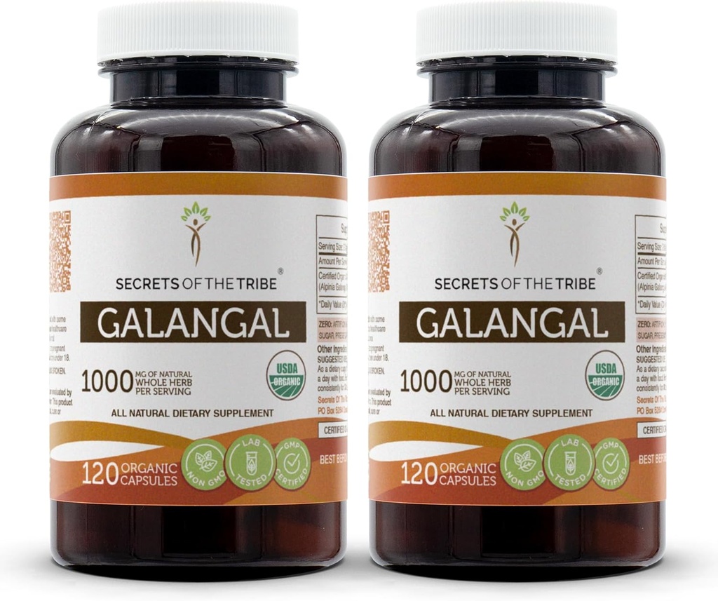 Secrets of the Tribe Galangal USDA Organic 120 Capsules (2 pcs.) | Made with Vegetarian Capsules and Certified Organic Galangal (Alpinia Galangal) Dried Root (2x120 Capsules)