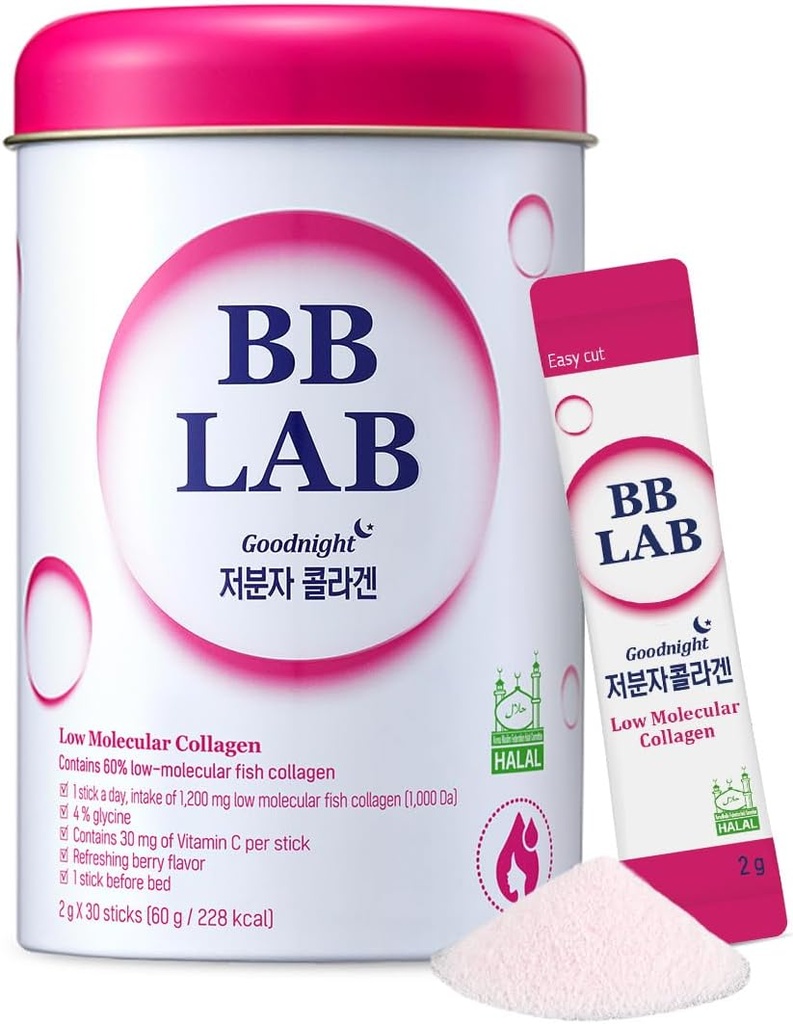 BB LAB 좋은 밤 낮은 분자 교원질 분말 지팡이 보충교재, Halal는, 한국 바다 교원질, 물고기 교원질 펩티드, 비타민 C, 글리신, 빠른 흡수, 혼합 베리 풍미를 증명했습니다