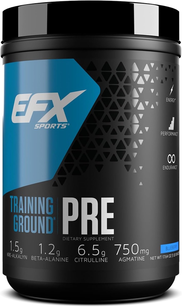 EFX Sports Training Ground Pre Workout Powder | Energy & Muscle Pumps | with Hydromax Glycerol, Citrulline, Beta Alanine | 300mg Caffeine | 20 Servings (Blueberry)