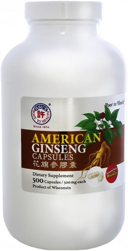 Hsu's SKU 1005 American Ginseng Capsules – Premium Wisconsin-Grown Ginseng Root Powder Suplemento sobre la energía 旗參丸    ← ← No GMO, Vegan, Gluten-Free, Energy & Wellness Support- 500ct