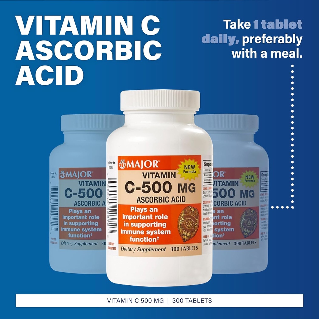 MAJOR Vitamine C-500 mg Ascorbinezuur - Nieuwe Formule - Vitamine C Tablets - Dieetsupplement - 300 Tellen (1 Verpakking)