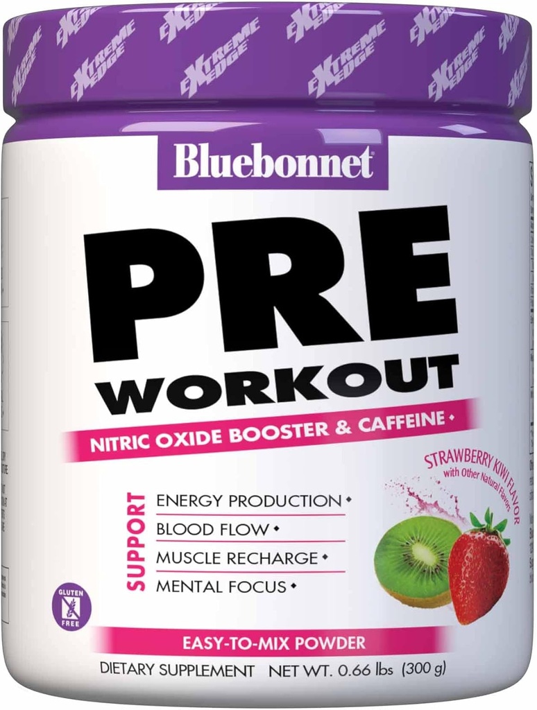 Bluebonnet Elikadura Extreme Edge Pre Workout, Muscle Recharging Formula*, Nitric Oxide (NO) mailak*, Soy-Free, Dairy-Free, Strawberry Kiwi, 30 zerbitzari, 10.56 Ounce