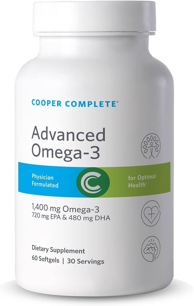 Cooper Complete - Advanced Omega 3 - Fish Oil Supplement, Concentrated EPA + DHA Omega-3 Fatty Acids 1400 mg - 60 Softgels per Bottle. Pack of 2