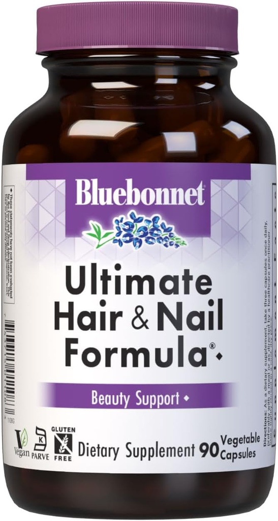 BlueBonnet Nutrition Ultimate Hair and Nail Formula, Βιταμίνες, Ορυκτά, Ειδικά θρεπτικά συστατικά για την ομορφιά Μέσα, χωρίς γλουτένη, Kosher-Certified, Γαλακτοκομικά-Free, Vegan, 90 κάψουλες λαχανικών, 30 Σερβιέτες, Λευκό